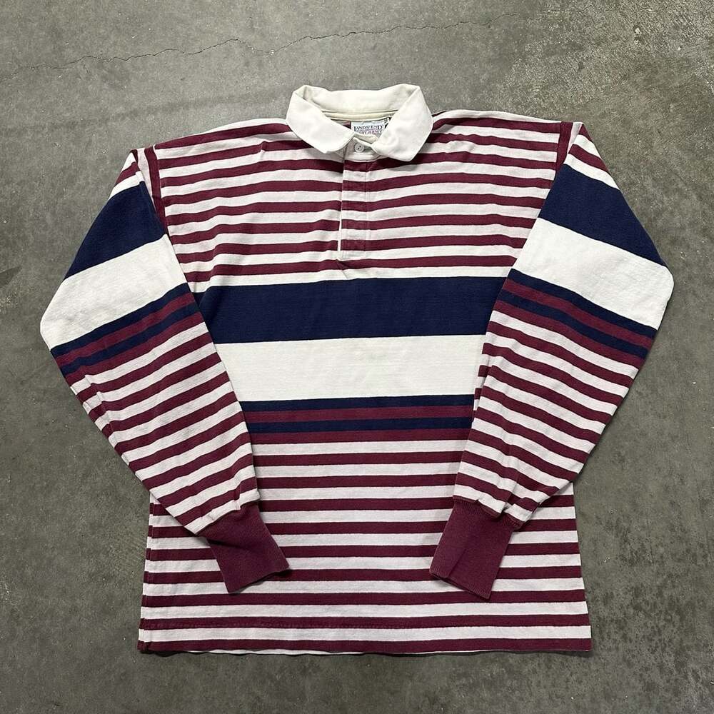 Vintage Lands’ End Rugby Jersey XL Made USA Striped Long Sleeve Cotton Polo